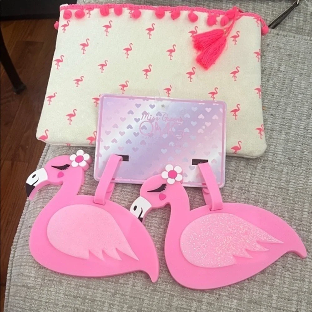 Flamingo Print clutch & luggage tag  Set - Pink